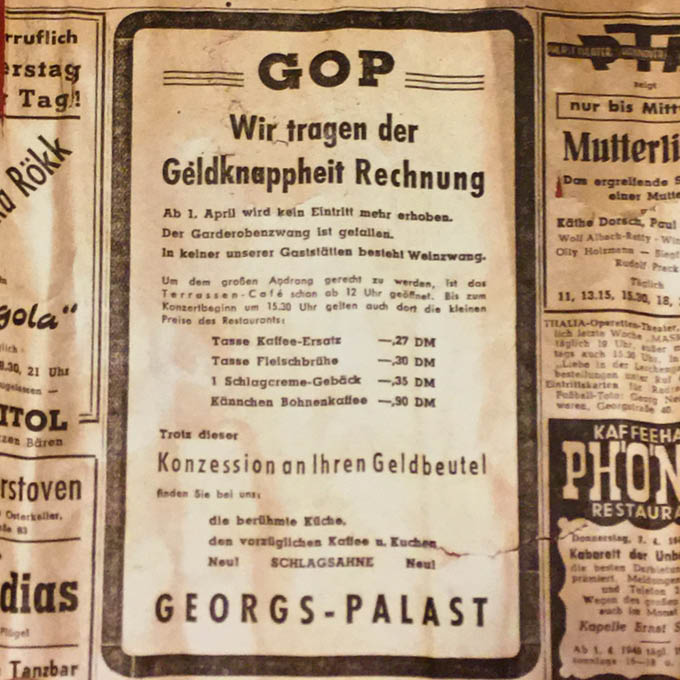 Zeitungsanzeige des Georgs-Palast, 1949